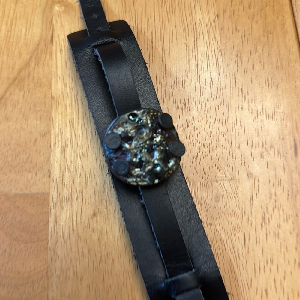 Genuine Leather Bracelet Adjustable Artisan Stone Statement Cuff
